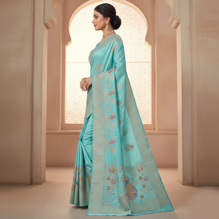 Elegant Aqua Blue Dola Silk Saree with Peacock & Floral Zari Border
