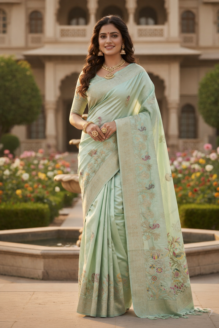 Woman in a light green saree standing in front of a decorative building with flowers and trees.
