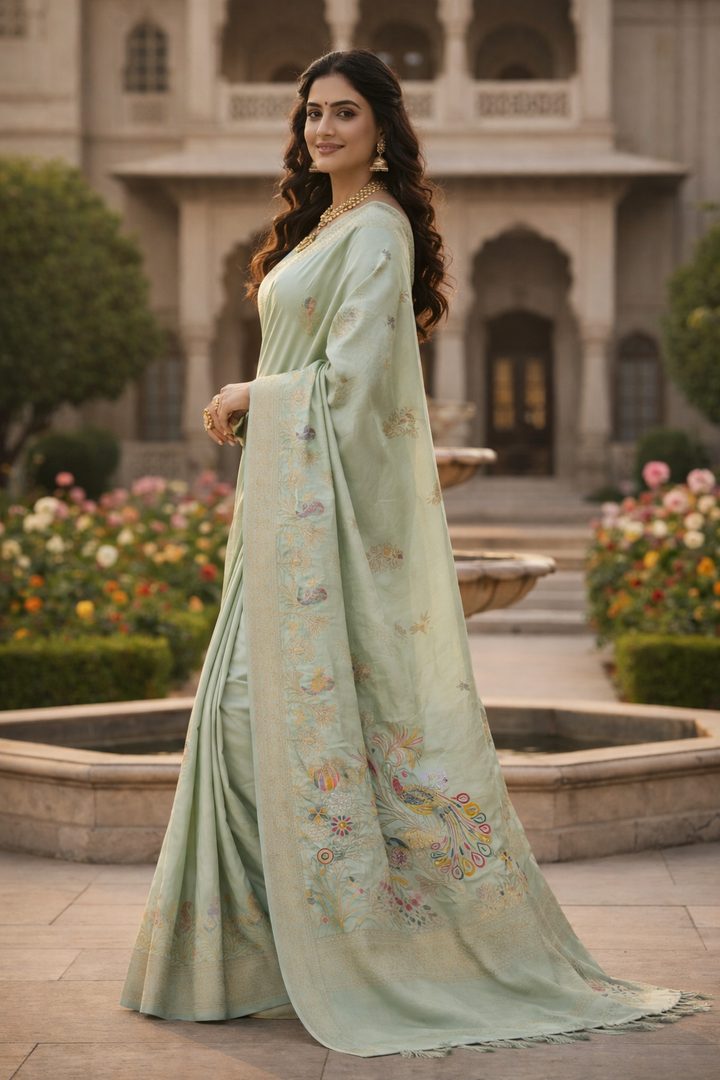 Graceful Mint Green Dola Silk Saree with Peacock & Floral Zari Border