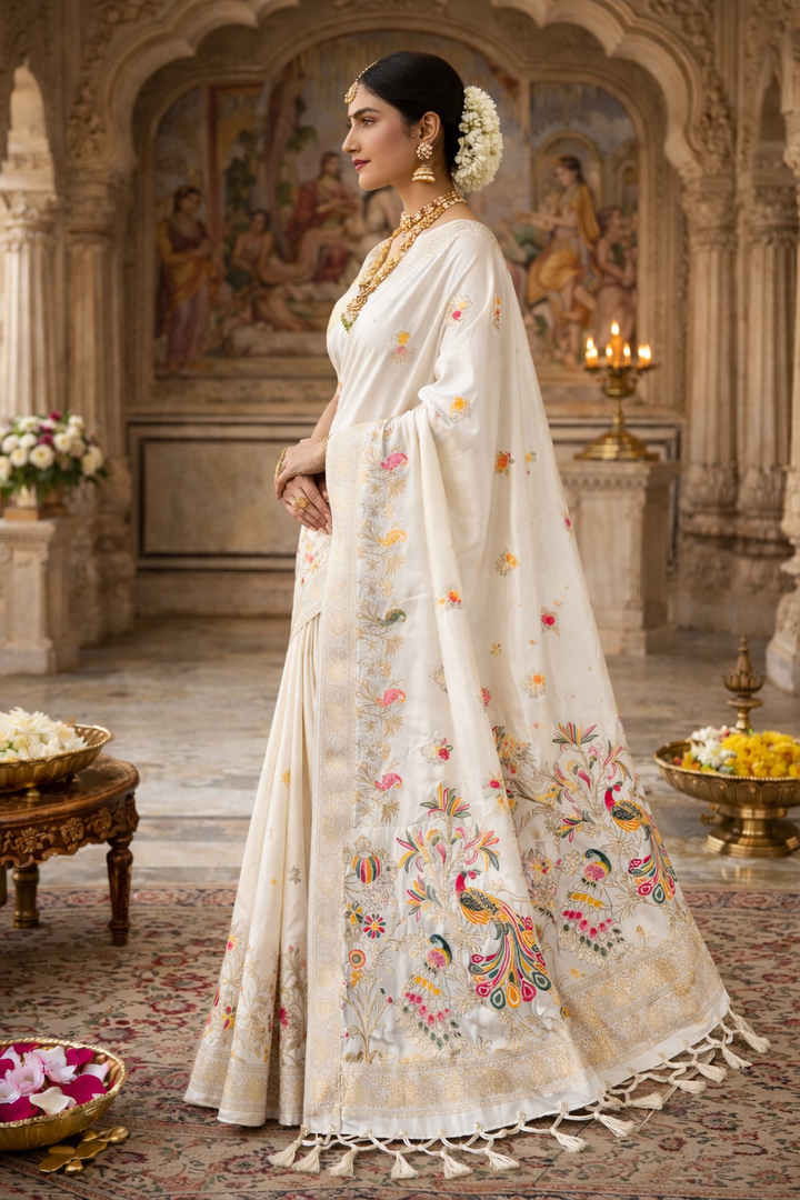 Ivory Dola Silk Saree with Multicolor Peacock & Floral Heritage Weaving