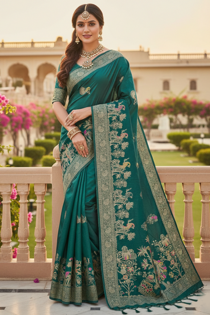 Woman in a teal saree with floral patterns standing in an outdoor setting with pink flowers and greenery.