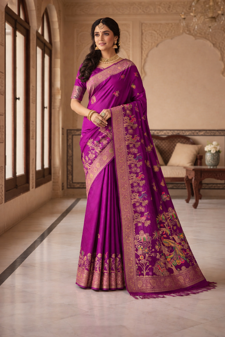 Royal Magenta Dola Silk Saree with Peacock & Floral Zari Border