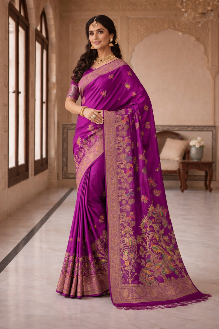 Royal Magenta Dola Silk Saree with Peacock & Floral Zari Border