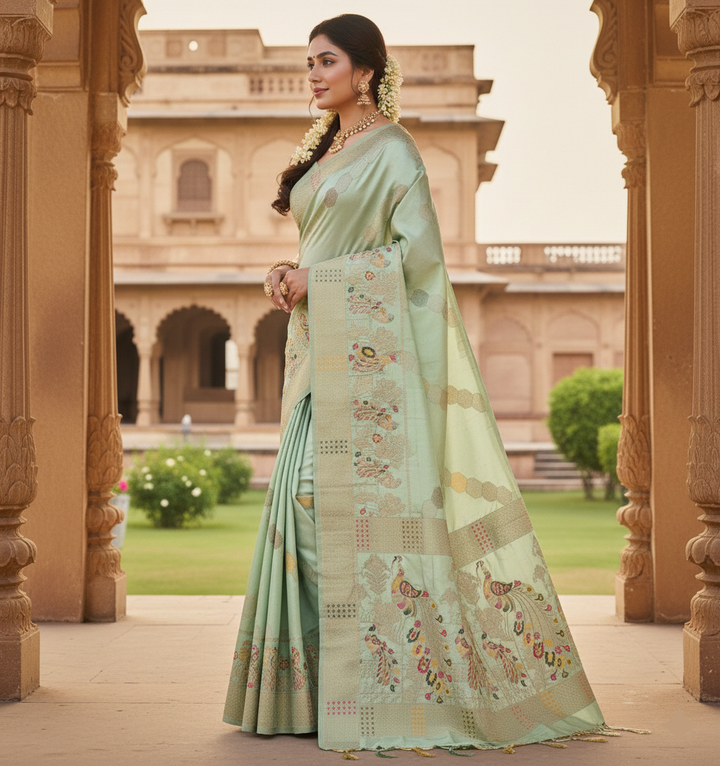 Elegant Pastel Mint Green Dola Silk Saree with Peacock & Artistic Woven Pallu