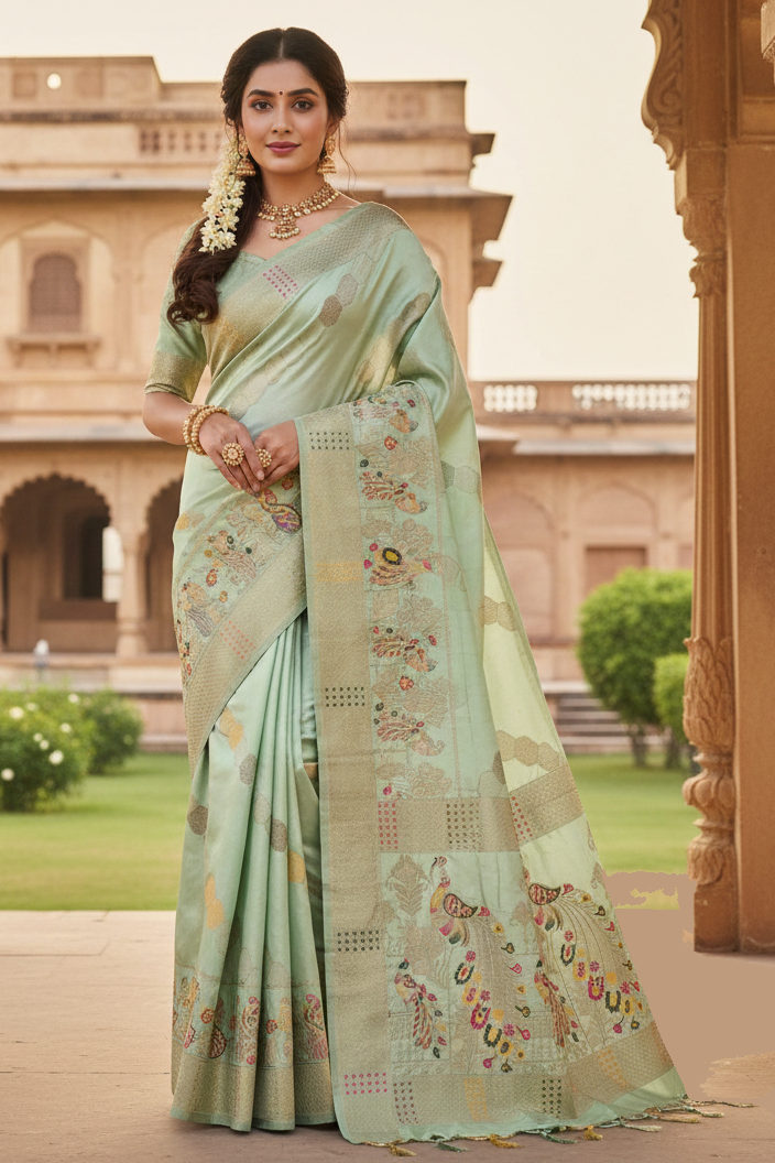 Woman in a light green saree with intricate patterns standing in front of an architectural building.
