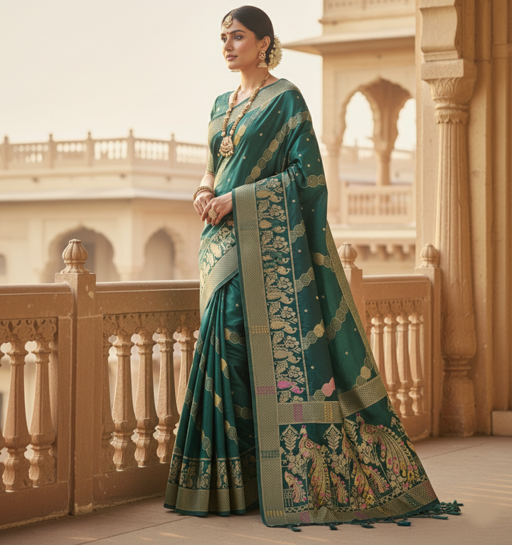 Regal Emerald Green Dola Silk Saree with Peacock & Traditional Zari Border