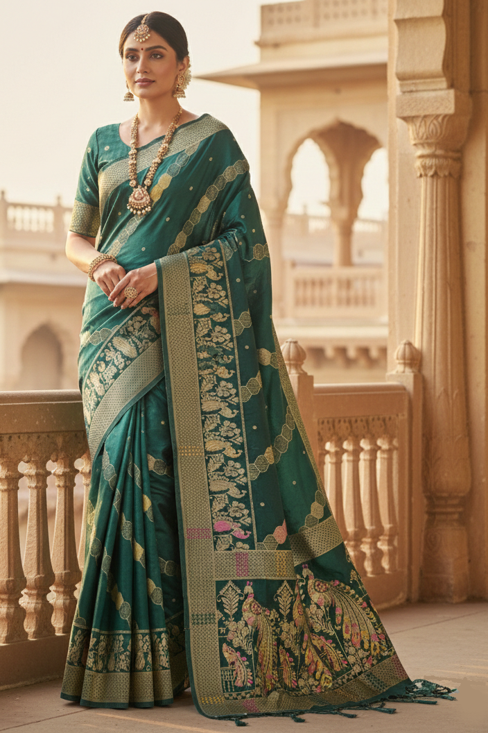 Woman in a traditional green saree with gold patterns standing in front of an architectural background.