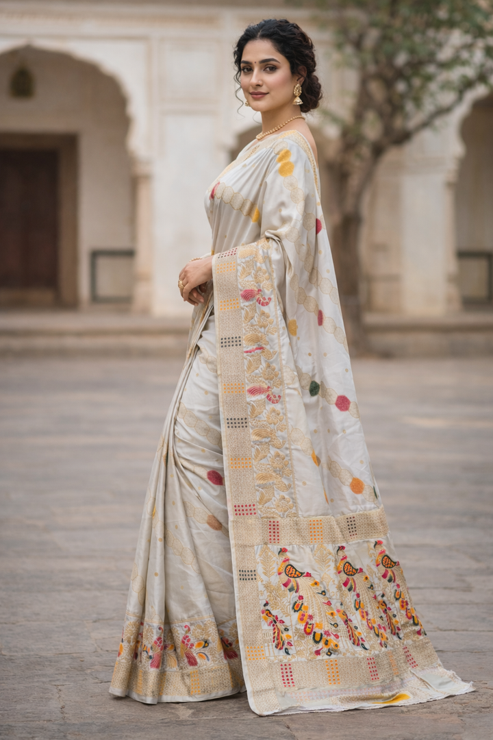 Graceful Pearl White Dola Silk Saree with Peacock & Multicolor Woven Border
