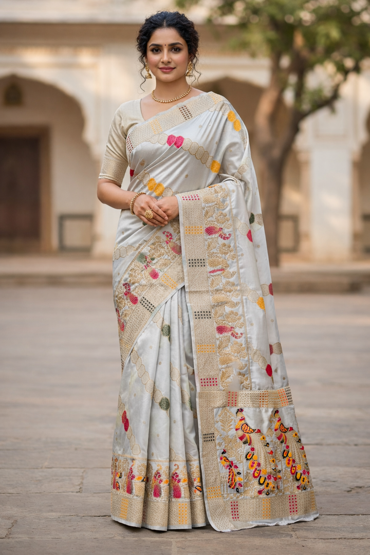 Graceful Pearl White Dola Silk Saree with Peacock & Multicolor Woven Border