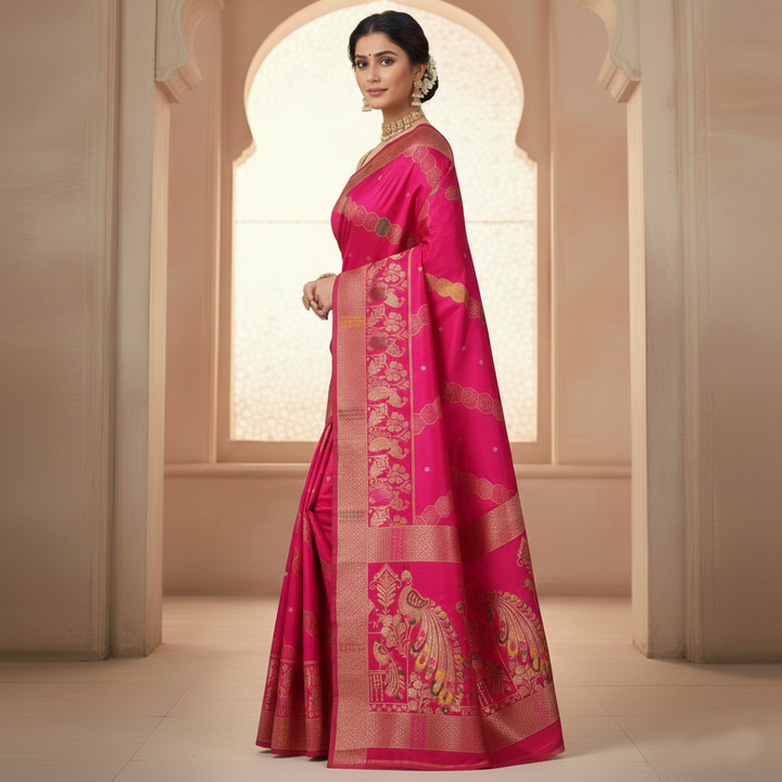 Radiant Rani Pink Dola Silk Saree with Peacock & Rich Zari Border
