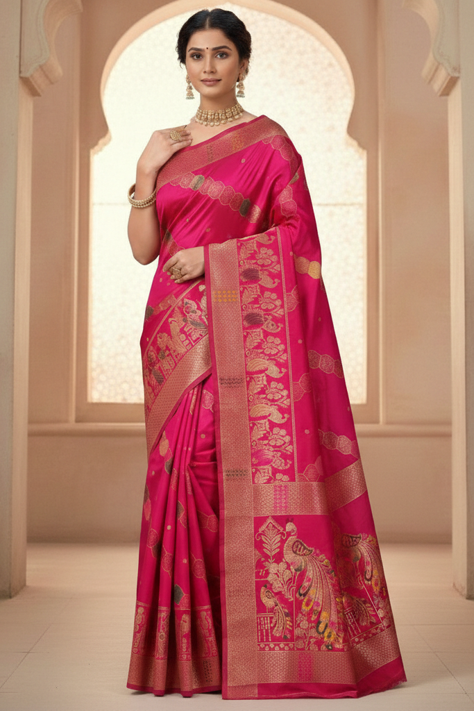 Woman wearing a pink saree with gold patterns in an elegant interior setting