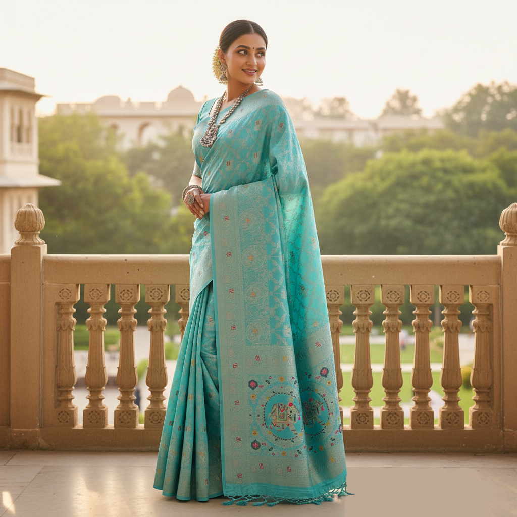 Royal Turquoise Dola Silk Saree with Traditional Elephant Woven Pallu