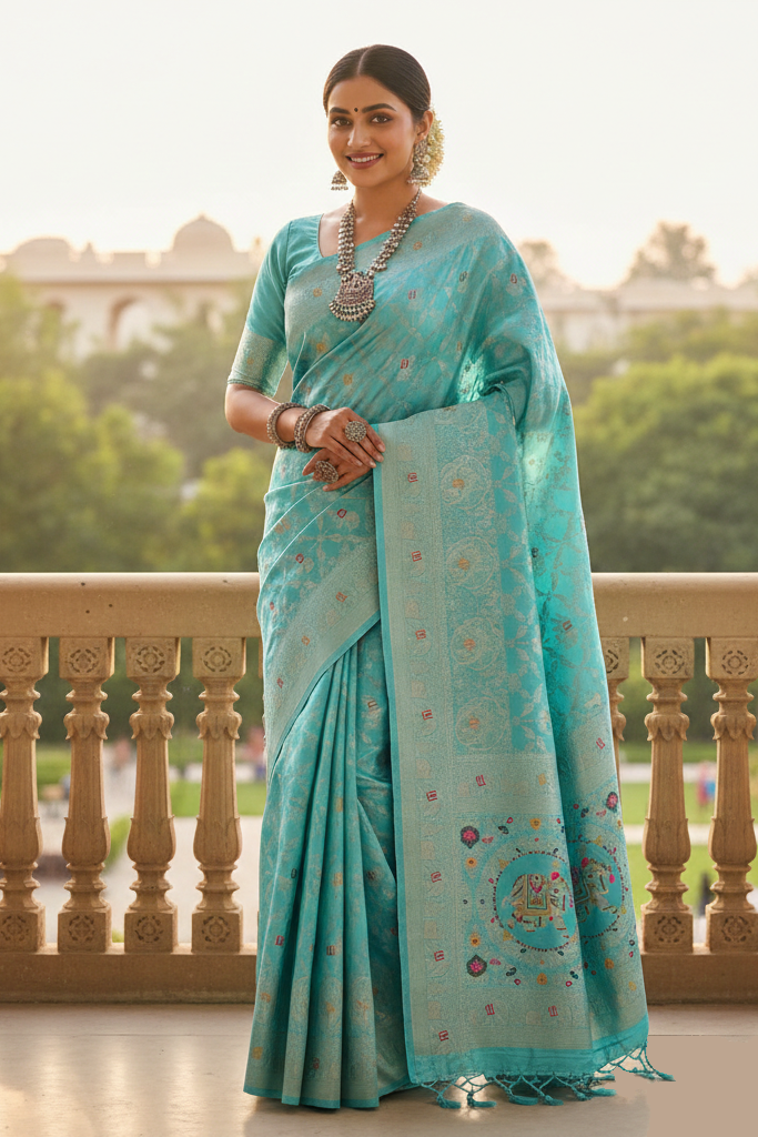 Woman in a turquoise saree standing on a balcony with a scenic background