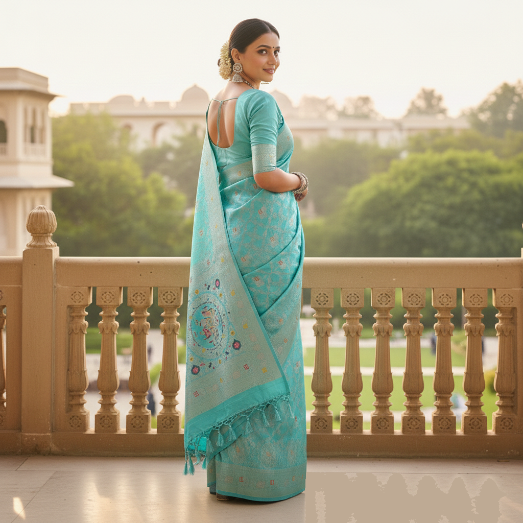Royal Turquoise Dola Silk Saree with Traditional Elephant Woven Pallu