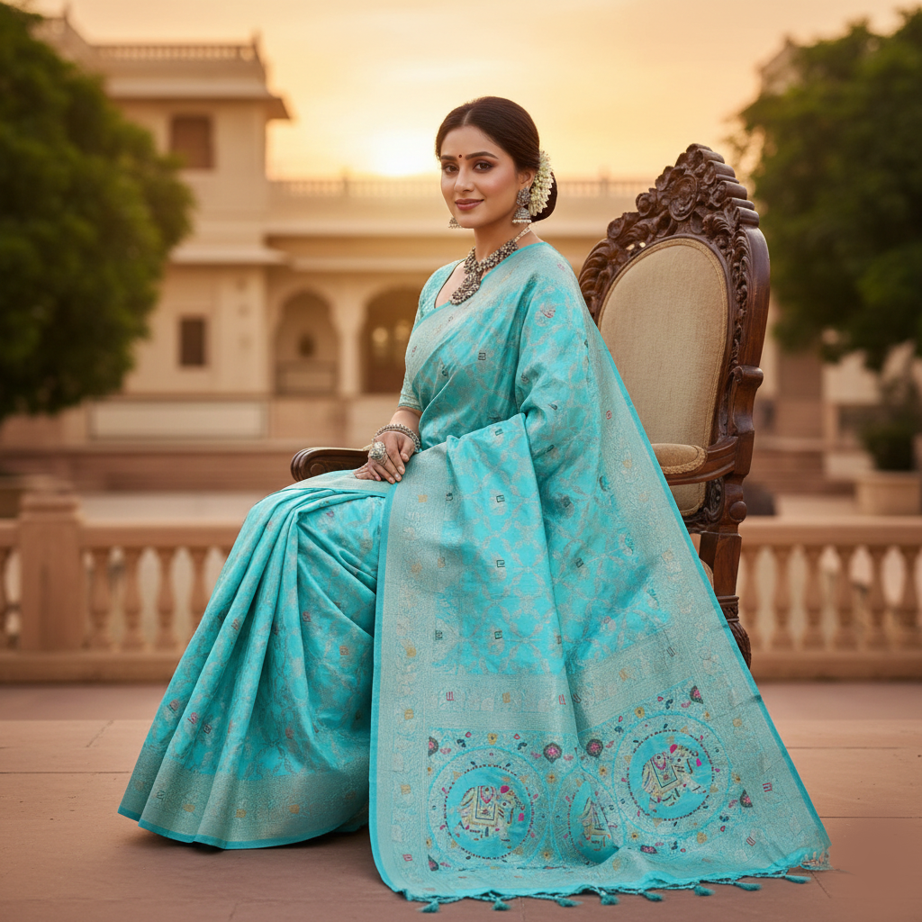 Royal Turquoise Dola Silk Saree with Traditional Elephant Woven Pallu