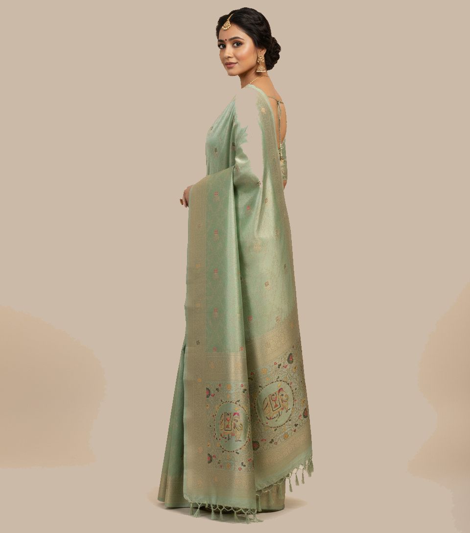 Elegant Pastel Mint Green Dola Silk Saree with Royal Elephant & Floral Border