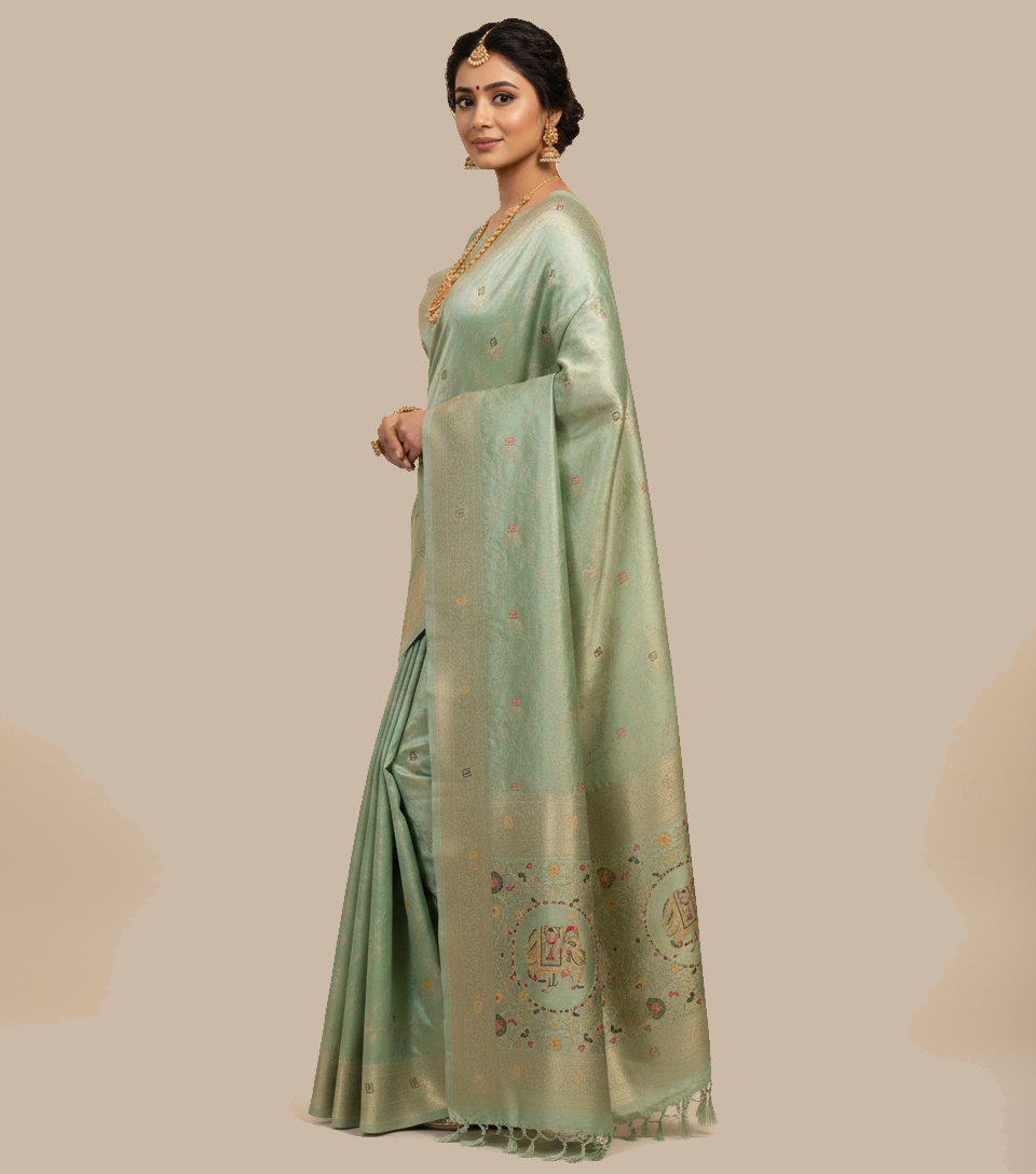 Elegant Pastel Mint Green Dola Silk Saree with Royal Elephant & Floral Border