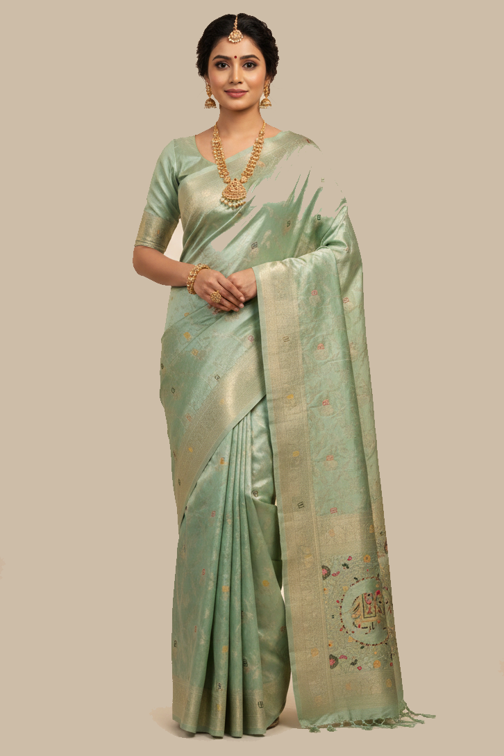 Woman wearing a light green saree with a beige background