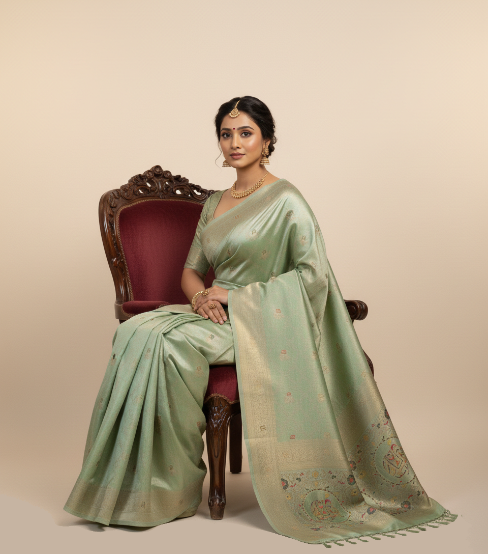 Elegant Pastel Mint Green Dola Silk Saree with Royal Elephant & Floral Border