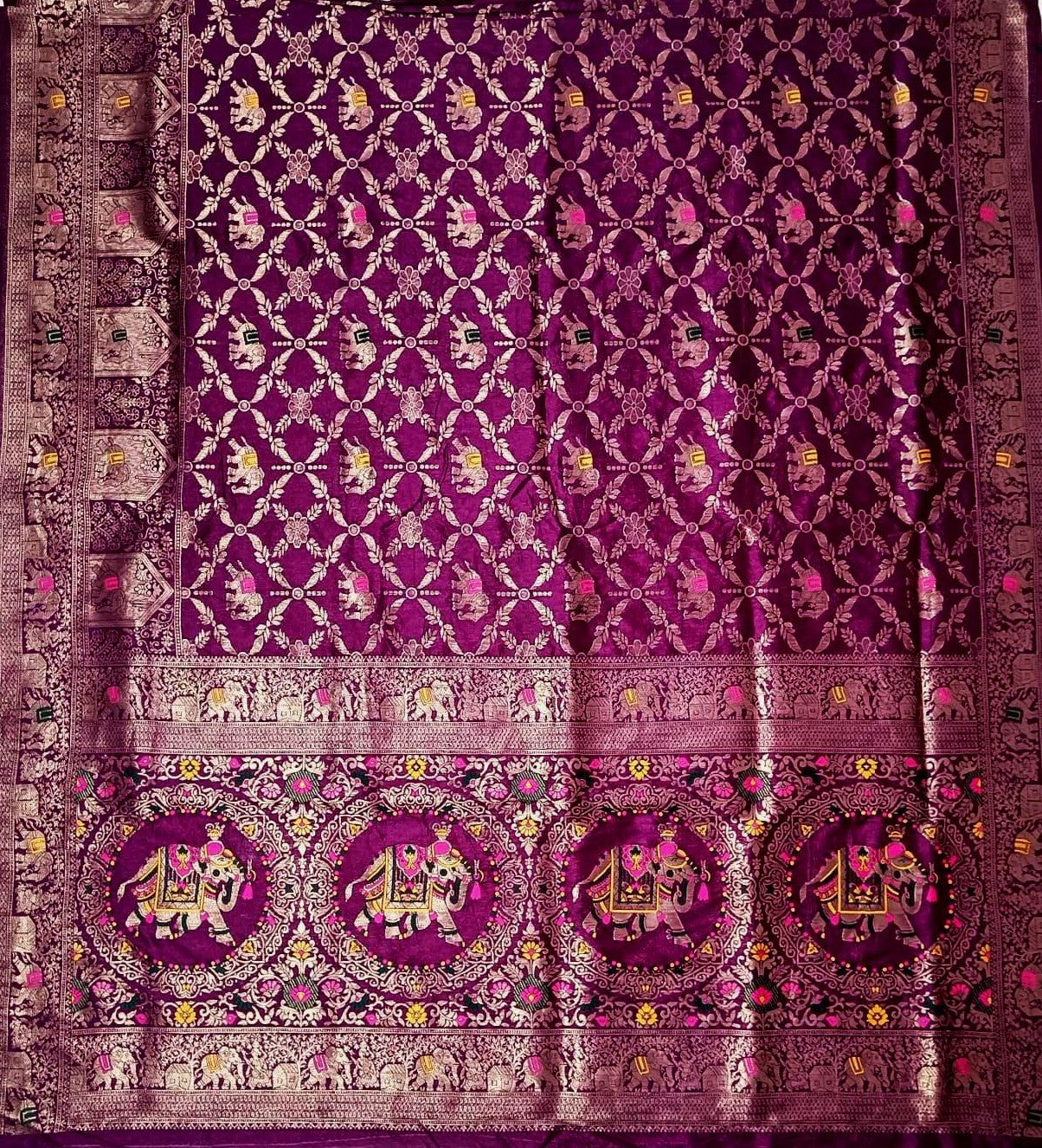 Royal Plum Purple Dola Silk Saree with Elephant & Floral Zari Border