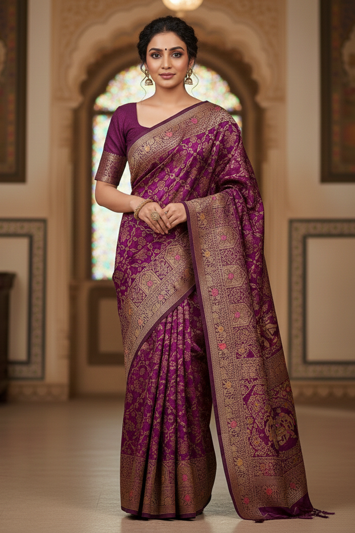 Woman wearing a purple saree with a traditional setting