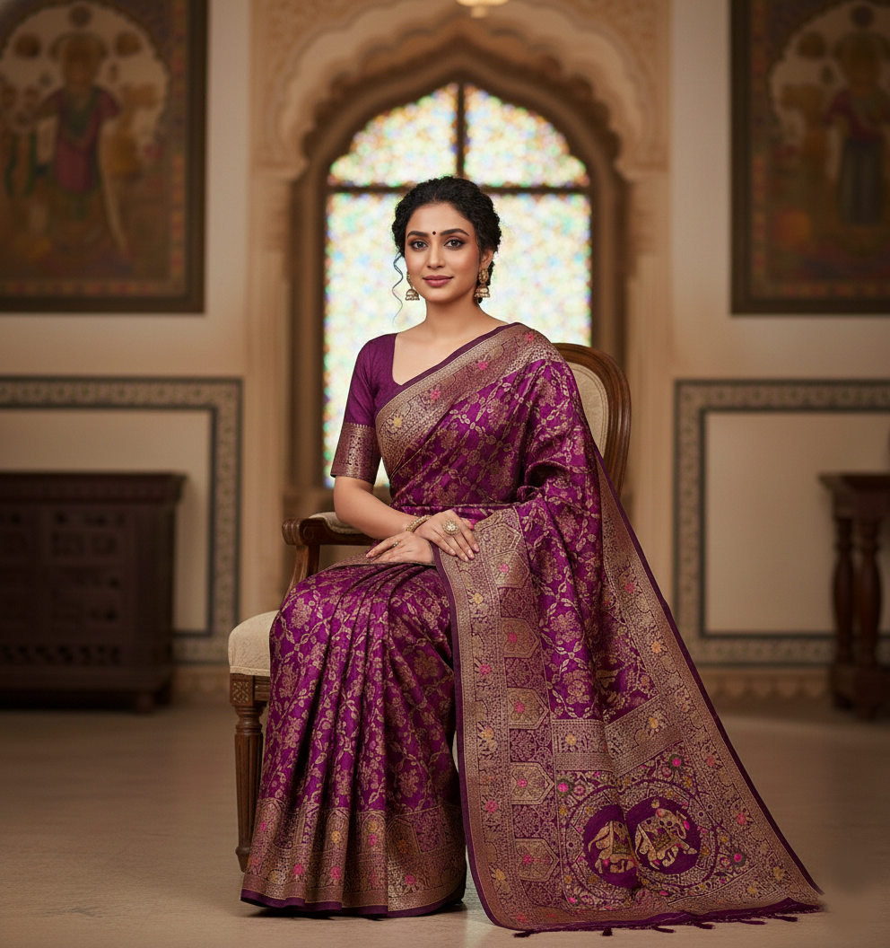 Royal Plum Purple Dola Silk Saree with Elephant & Floral Zari Border