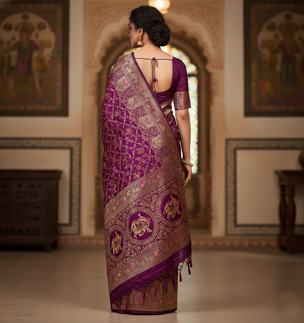 Royal Plum Purple Dola Silk Saree with Elephant & Floral Zari Border