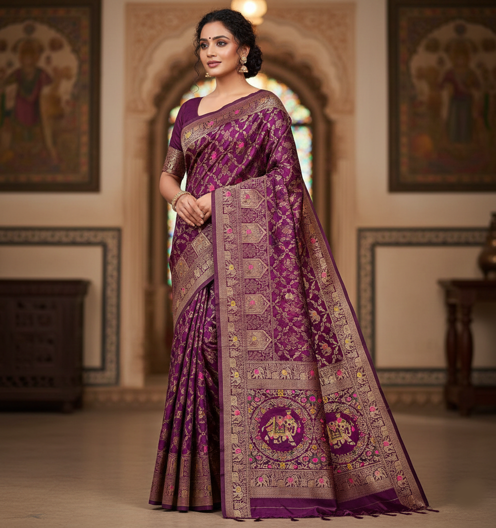 Royal Plum Purple Dola Silk Saree with Elephant & Floral Zari Border