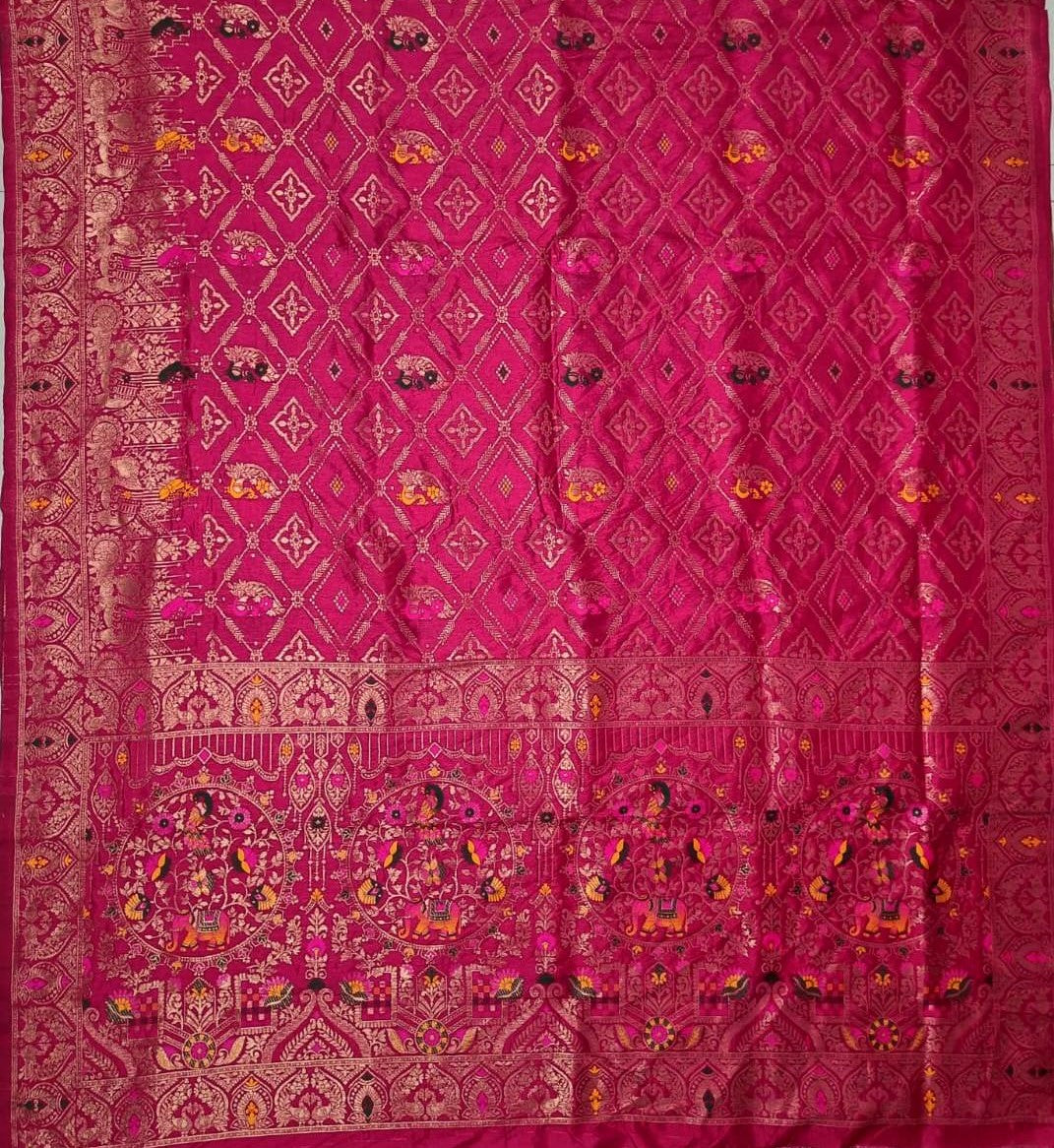 Royal Rani Pink Dola Silk Saree with Peacock & Elephant Woven Border