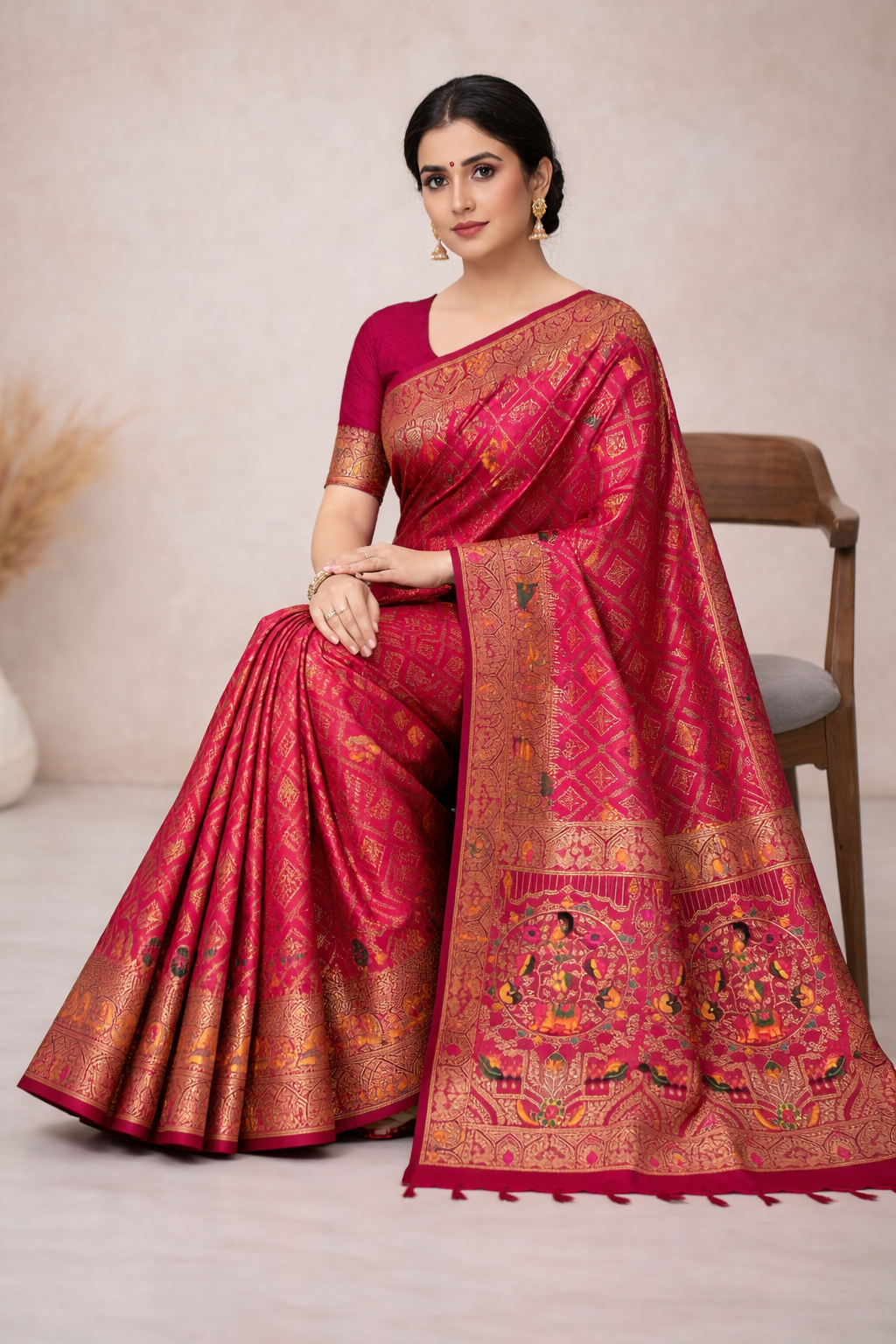 Royal Rani Pink Dola Silk Saree with Peacock & Elephant Woven Border