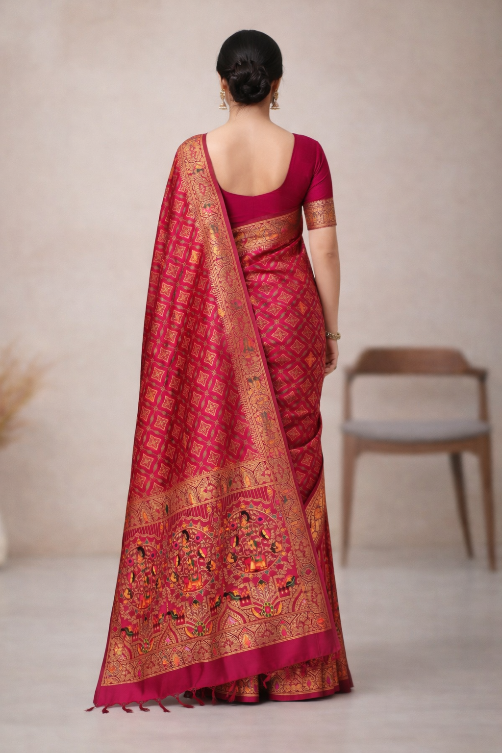 Royal Rani Pink Dola Silk Saree with Peacock & Elephant Woven Border