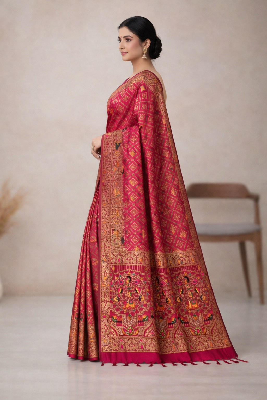 Royal Rani Pink Dola Silk Saree with Peacock & Elephant Woven Border