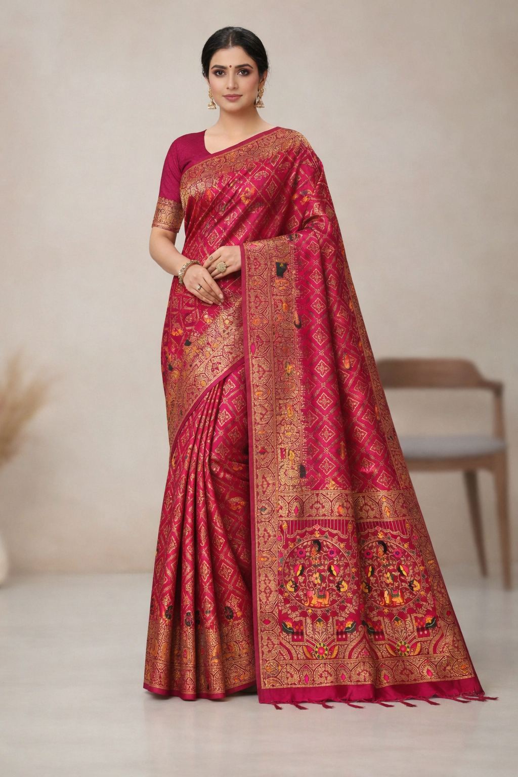 Royal Rani Pink Dola Silk Saree with Peacock & Elephant Woven Border
