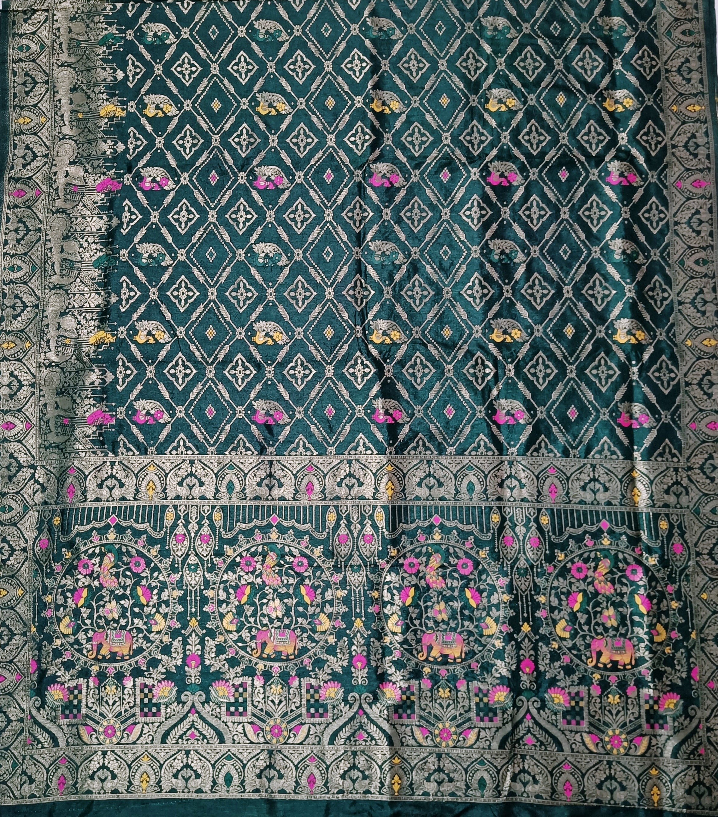 Royal Bottle Green Dola Silk Saree with Peacock & Elephant Zari Border