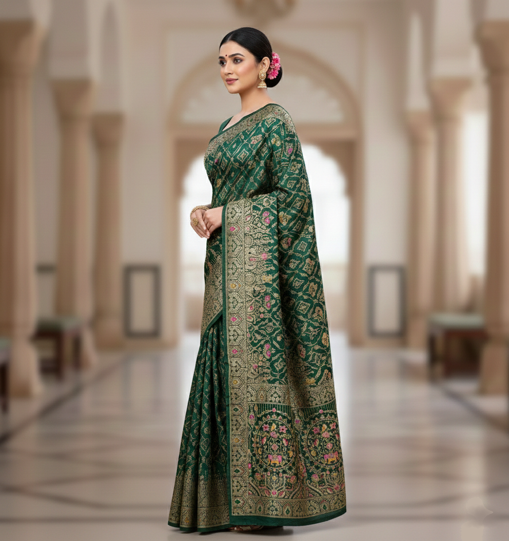 Royal Bottle Green Dola Silk Saree with Peacock & Elephant Zari Border