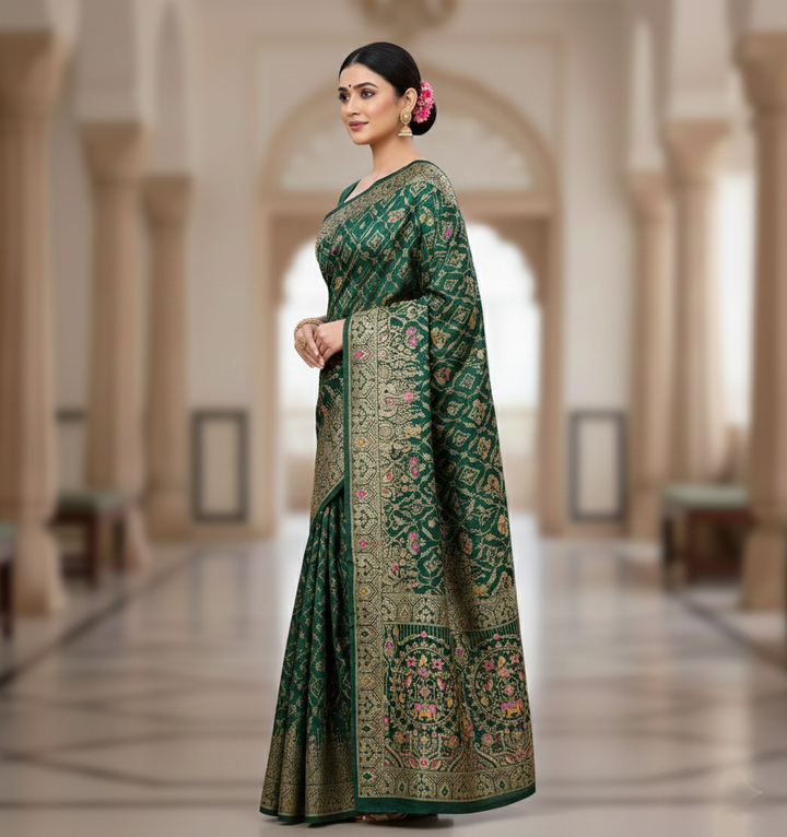 Royal Bottle Green Dola Silk Saree with Peacock & Elephant Zari Border