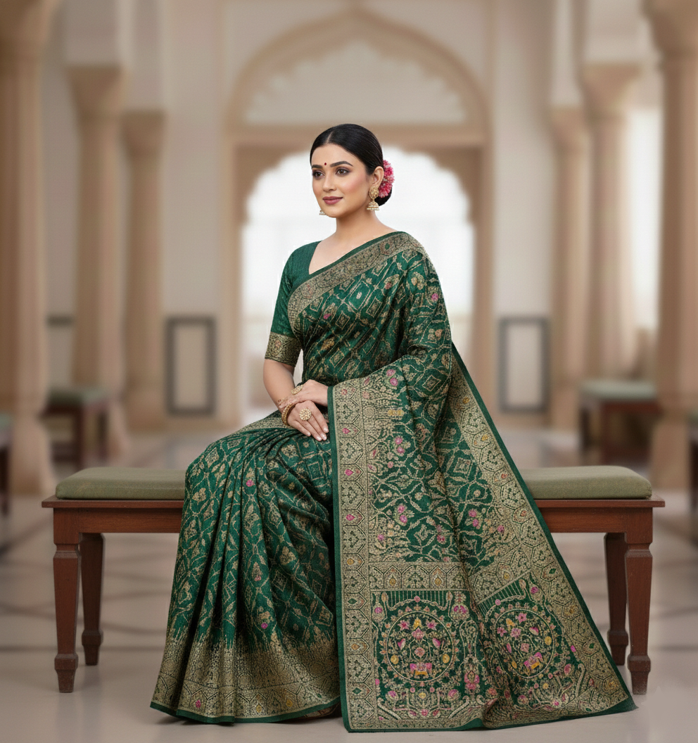 Royal Bottle Green Dola Silk Saree with Peacock & Elephant Zari Border