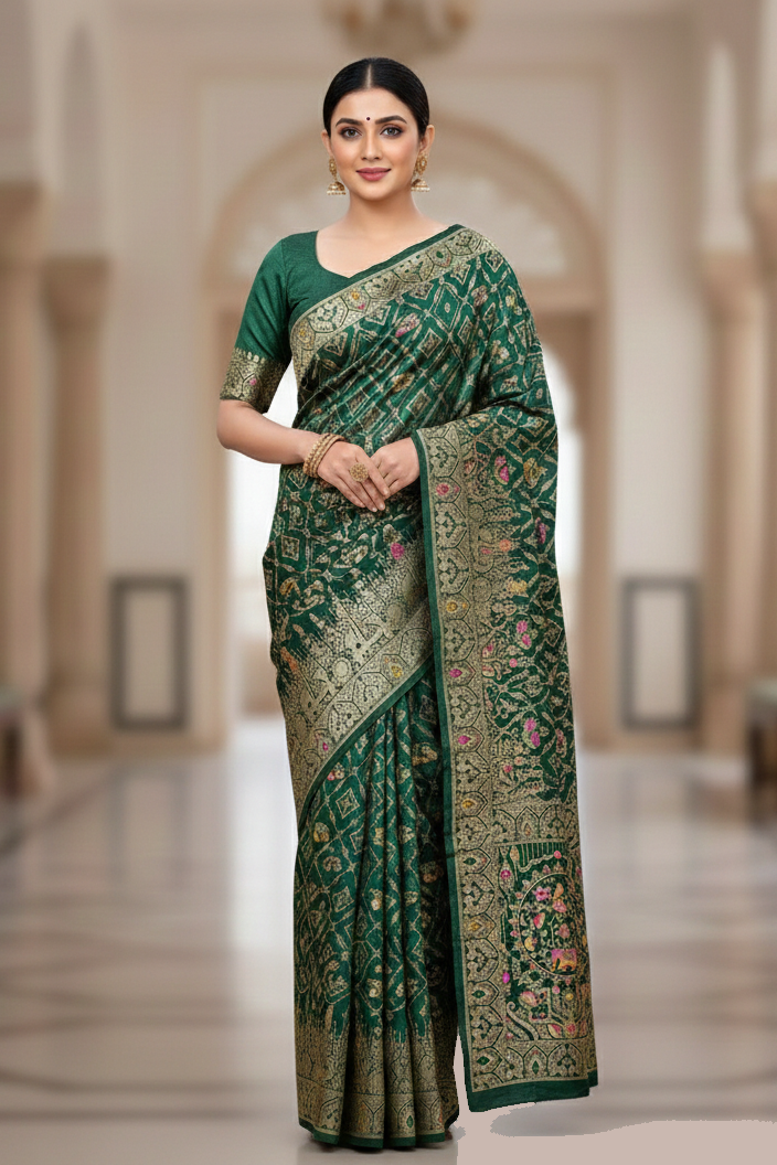 Woman wearing a green saree with a detailed pattern in an indoor setting