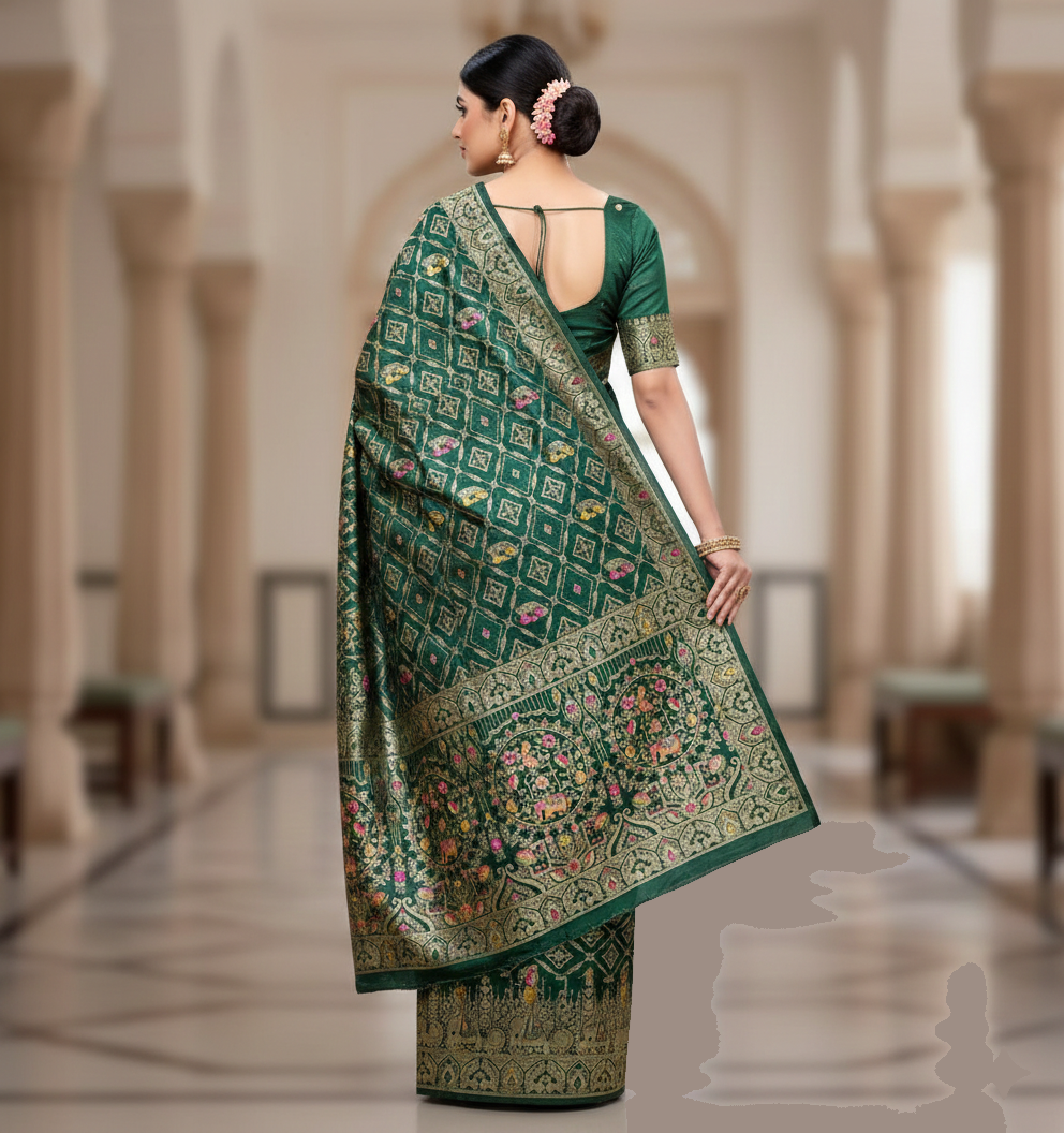 Royal Bottle Green Dola Silk Saree with Peacock & Elephant Zari Border