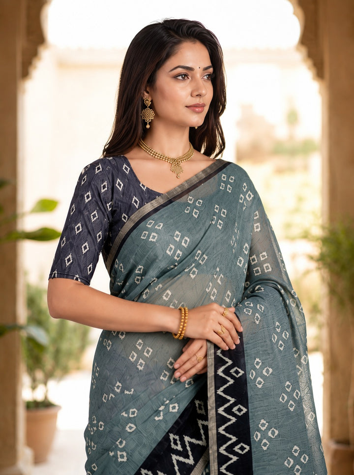 Dusty Teal Linen Cotton Saree with Ikat Zigzag Border & Bandhani Motifs