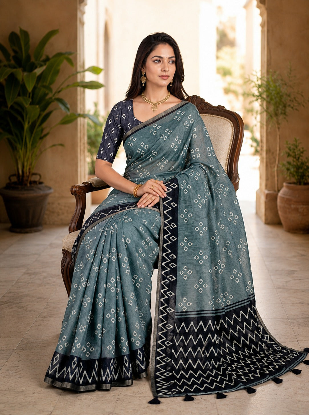 Dusty Teal Linen Cotton Saree with Ikat Zigzag Border & Bandhani Motifs