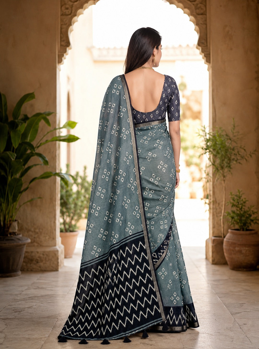Dusty Teal Linen Cotton Saree with Ikat Zigzag Border & Bandhani Motifs