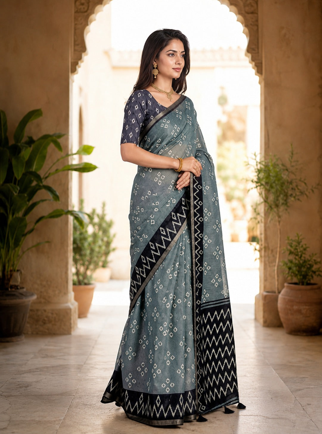 Dusty Teal Linen Cotton Saree with Ikat Zigzag Border & Bandhani Motifs