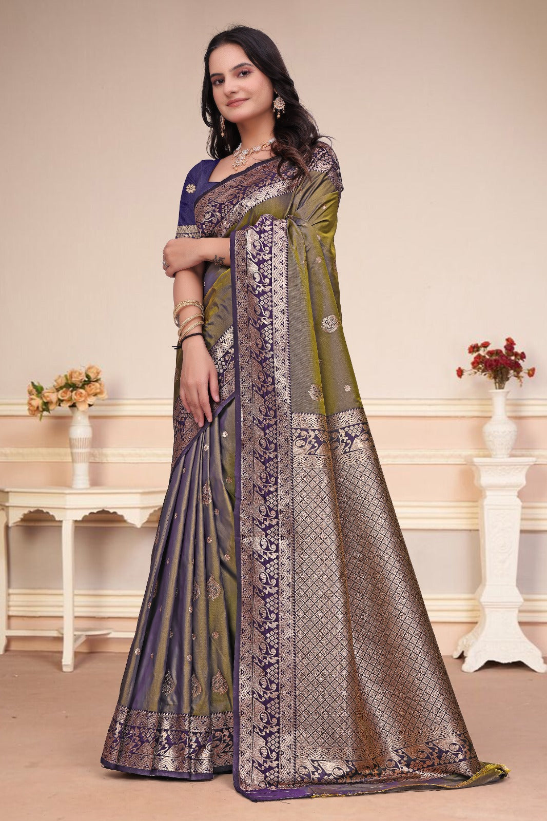 Olive Green & Purple 50/600 Silk Saree with Rich Zari Pallu