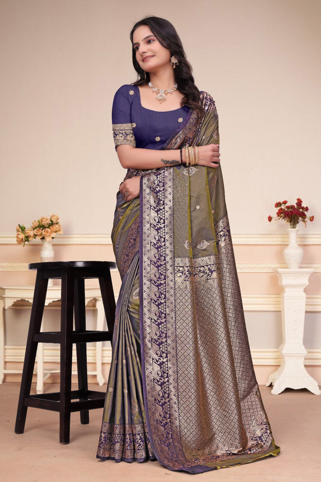 Olive Green & Purple 50/600 Silk Saree with Rich Zari Pallu