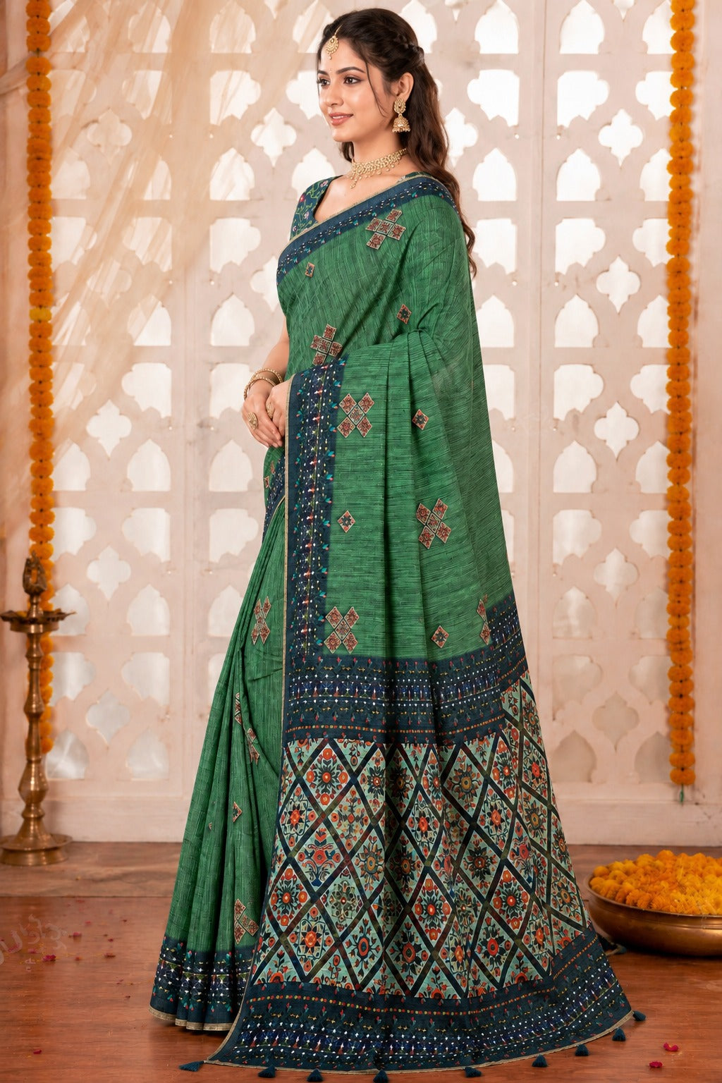 Emerald Green Loomline Heritage Saree