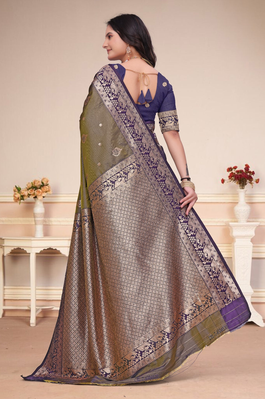 Olive Green & Purple 50/600 Silk Saree with Rich Zari Pallu