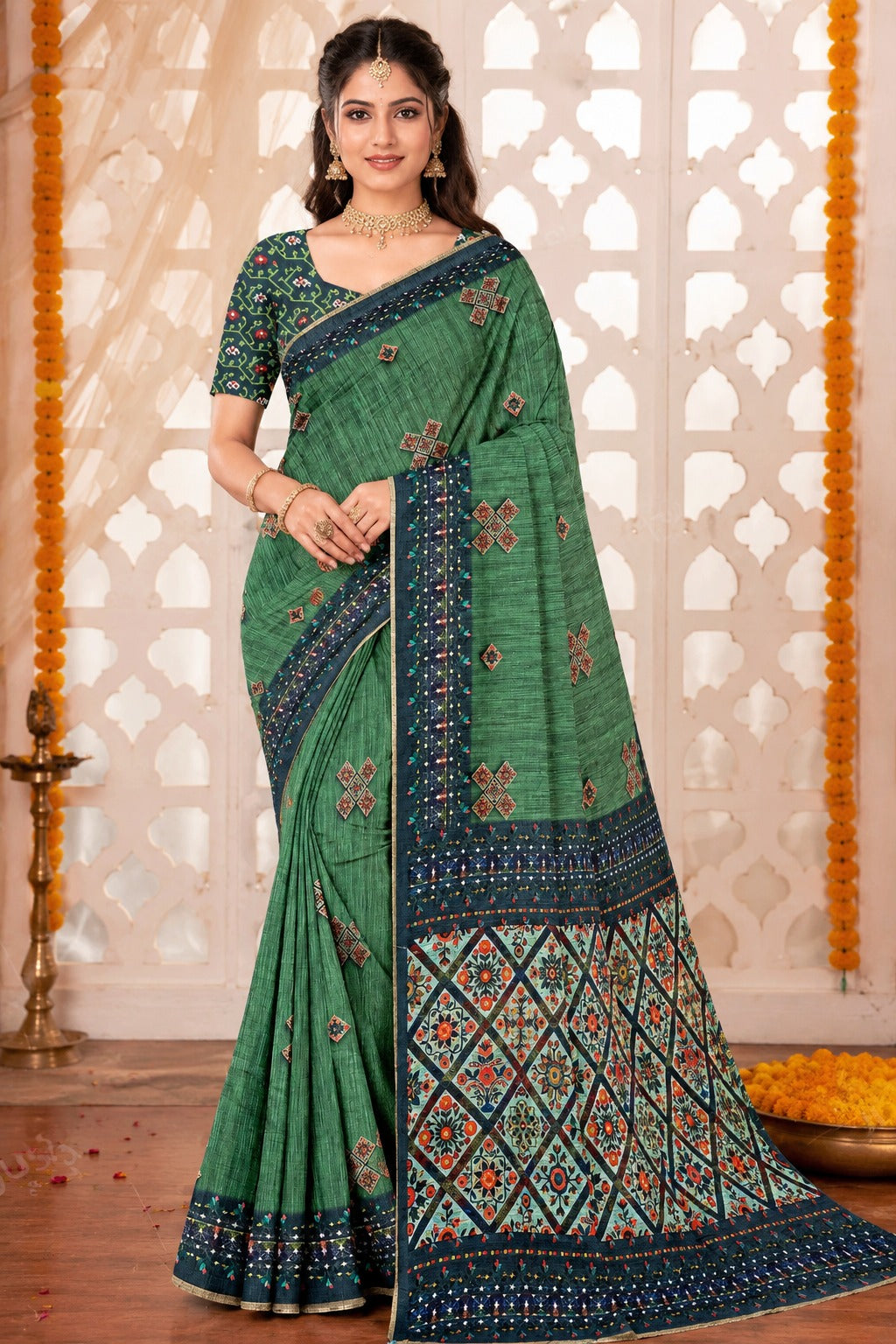 Emerald Green Loomline Heritage Saree