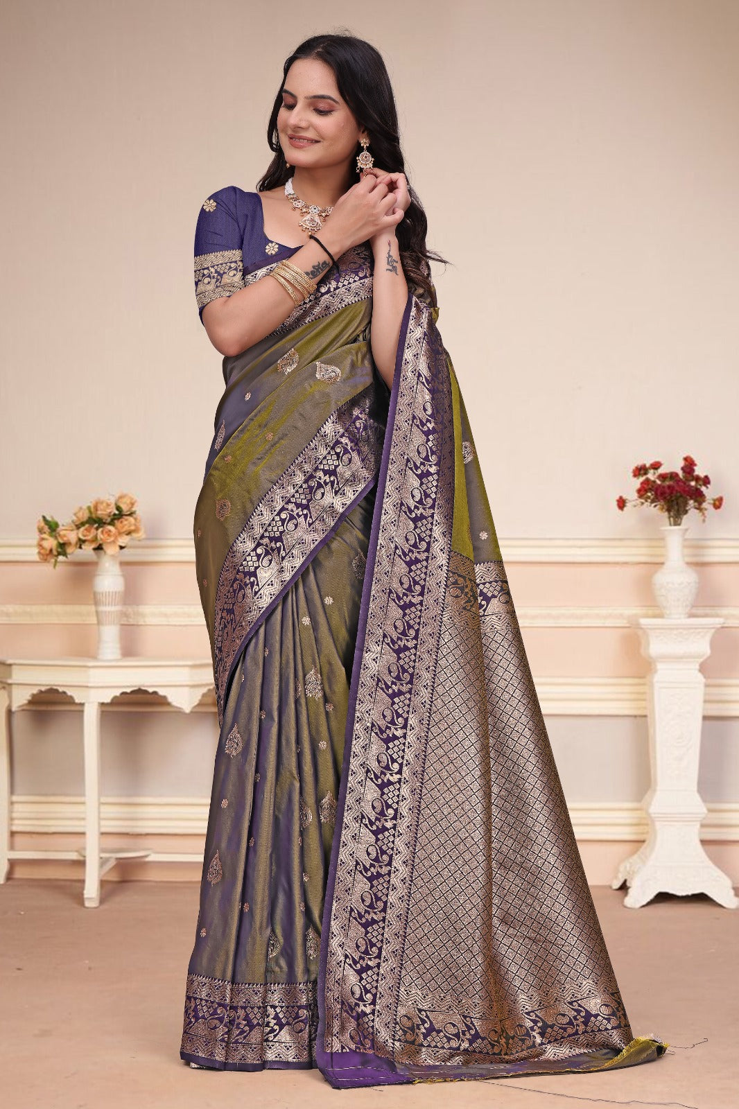 Olive Green & Purple 50/600 Silk Saree with Rich Zari Pallu