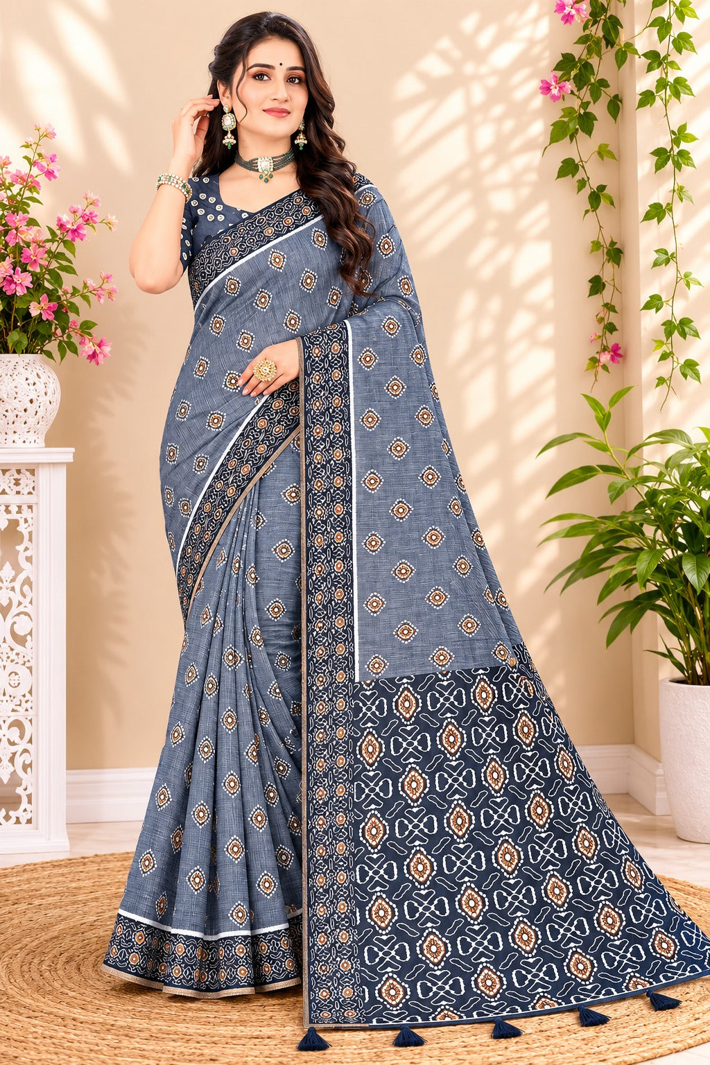 Neelvastra Ajrakh Buti Linen Cotton Saree with Indigo Designer Pallu